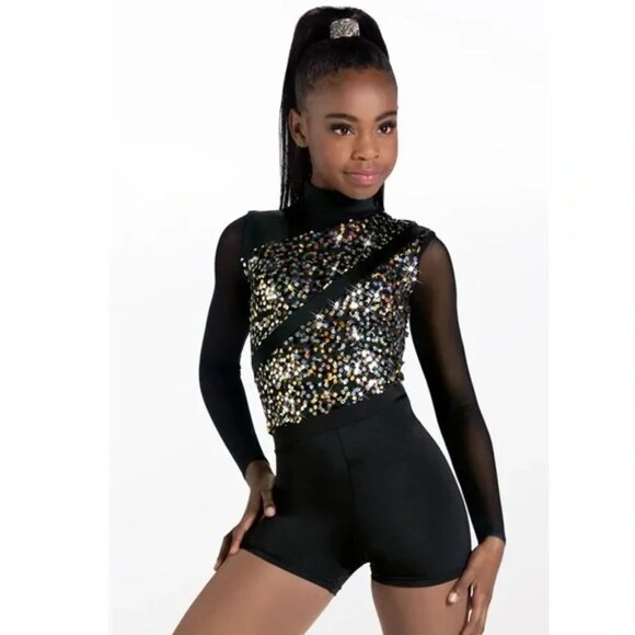 Weissman MEDIUM ADULT Black Aint Nothing Wrong Silver Gold Sequin Biketard 11731 - Picture 2 of 9